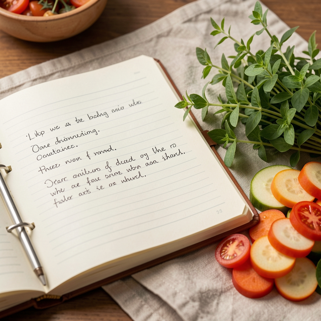 Close-up of handwritten notes in a kitchen journal beside a fresh bunch of green herbs and sliced seasonal vegetables on a linen cloth