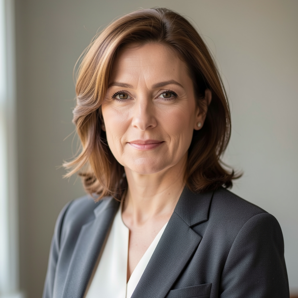 Professional portrait of a woman in her forties, soft natural window light, neutral background, composed editorial style