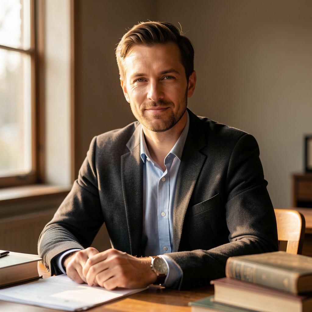 Professional portrait of a man in his thirties, seated at a wooden desk with books and papers, warm afternoon light from a side window