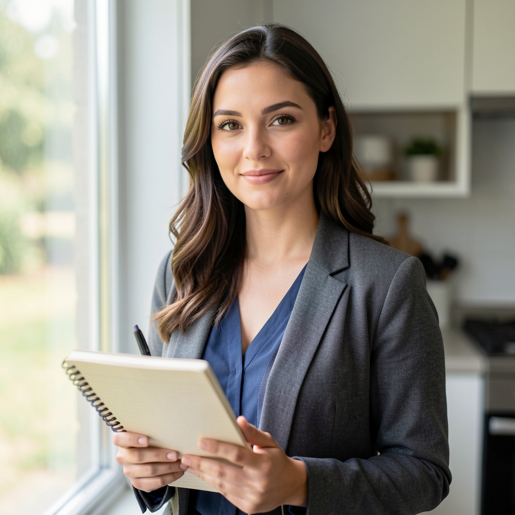 Portrait of a woman in her late twenties standing near a kitchen window, natural daylight, holding a notebook, relaxed professional setting