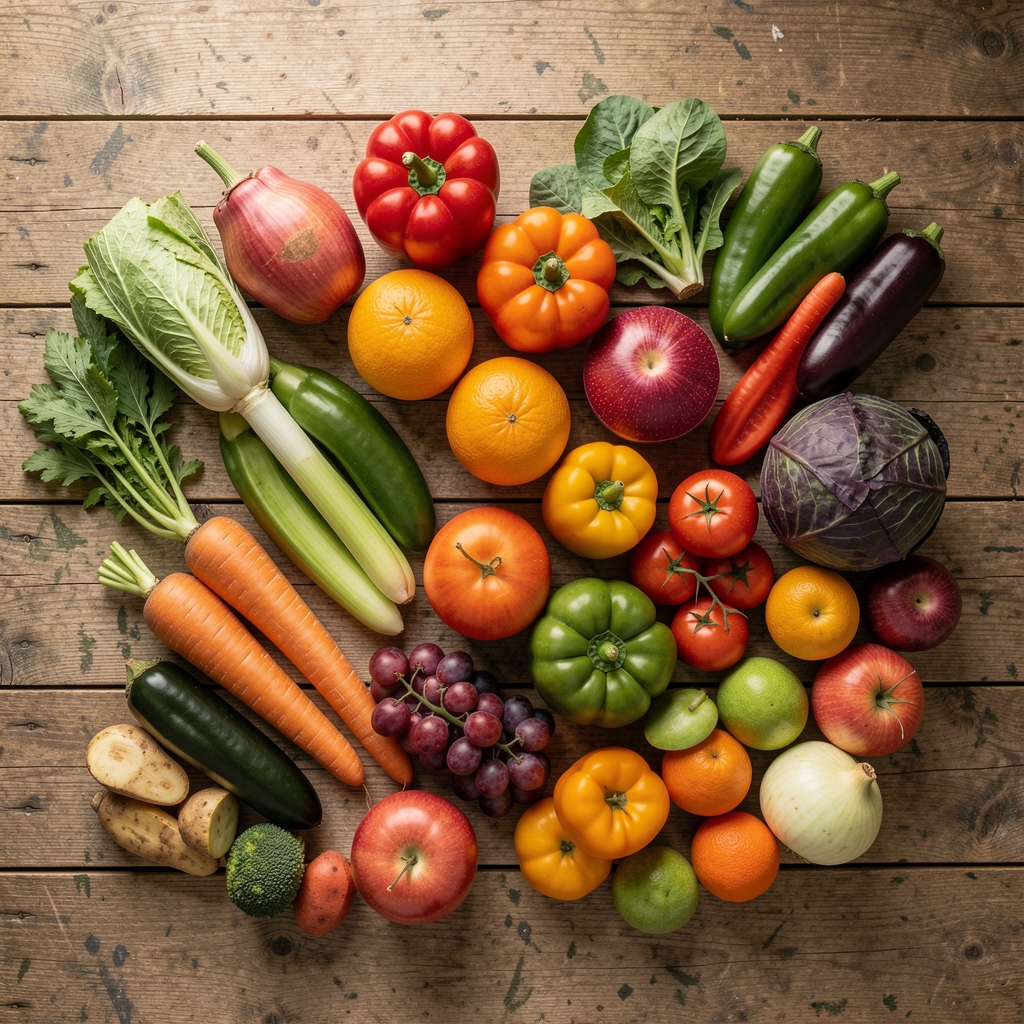Colourful seasonal vegetables and fresh fruit arranged on a worn wooden kitchen counter in soft natural daylight, overhead flat-lay composition