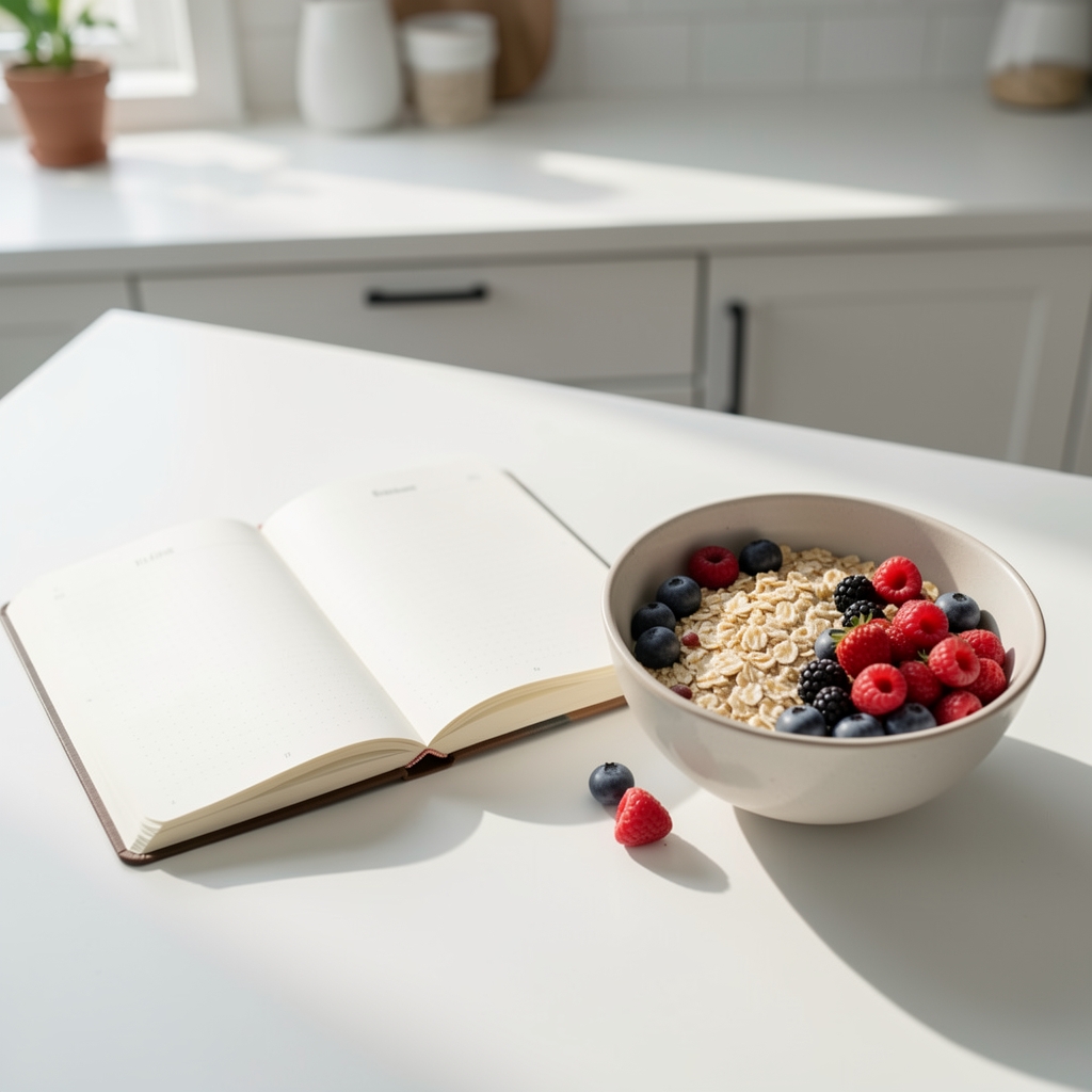 Open food journal notebook beside a bowl of oats and fresh berries on a clean white kitchen surface, morning light casting soft shadows