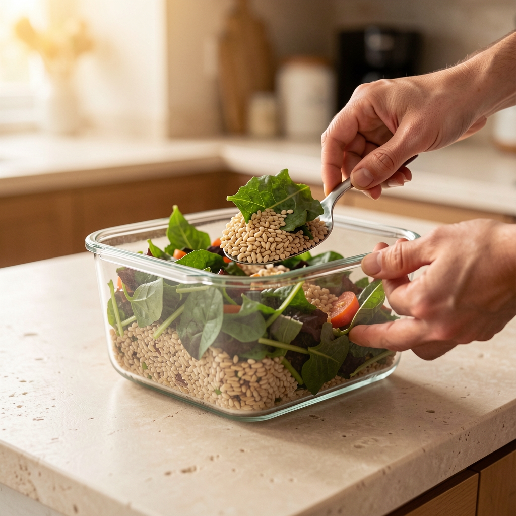 Hands portioning home-cooked grains and leafy greens into a glass meal-prep container on a light stone countertop under warm kitchen lighting