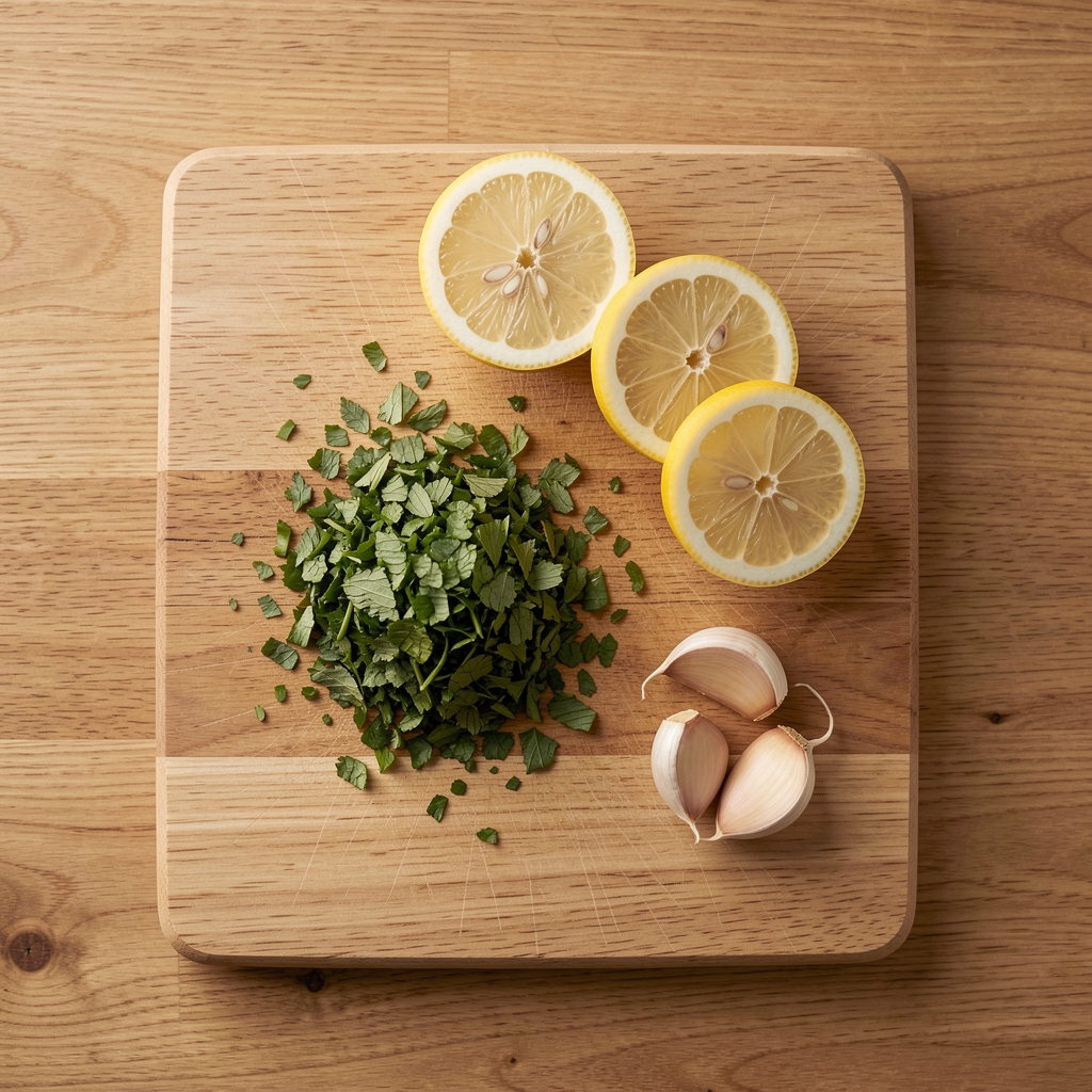 Overhead view of a kitchen cutting board with chopped herbs, lemon slices, and whole garlic cloves on a clean wooden surface